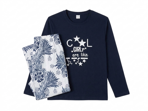 "Cool Girl" Navy Blue Full-Sleeve Night Suit & Nightwear Set