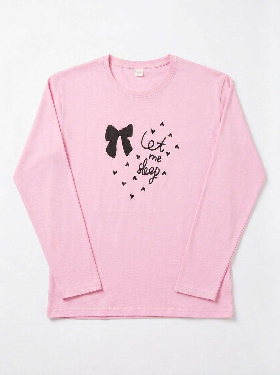 "Let Me Sleep" Pink Bow Print Pajama Set – Full Sleeve Top & Pants
