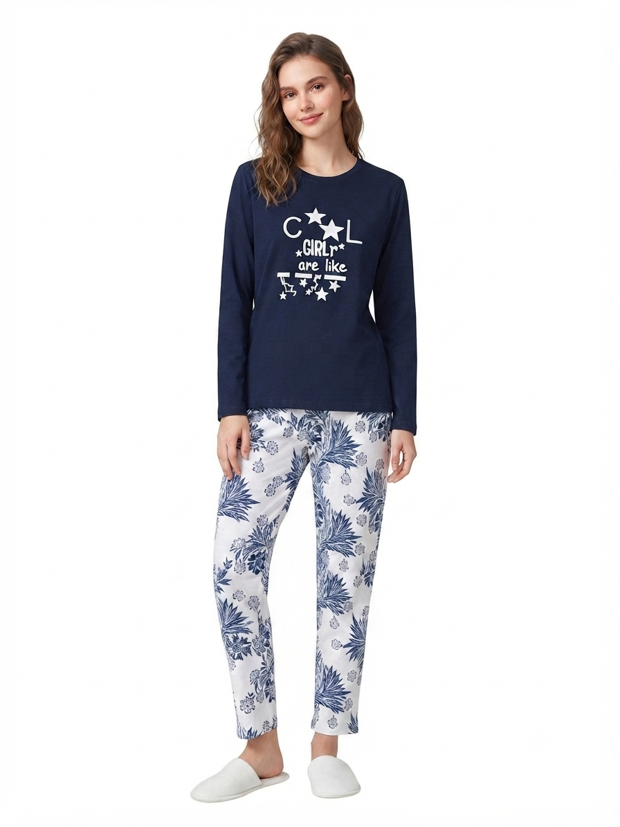 "Cool Girl" Navy Blue Full-Sleeve Night Suit & Nightwear Set
