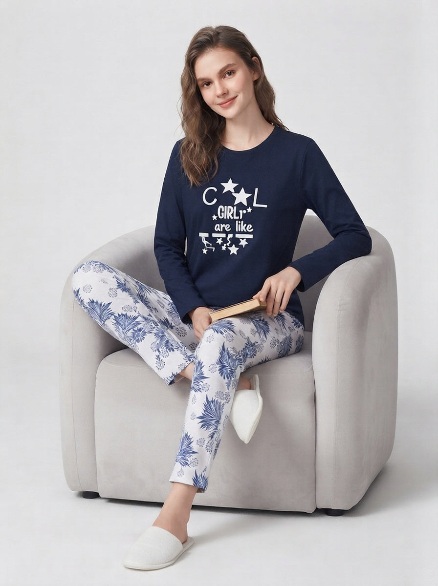 "Cool Girl" Navy Blue Full-Sleeve Night Suit & Nightwear Set