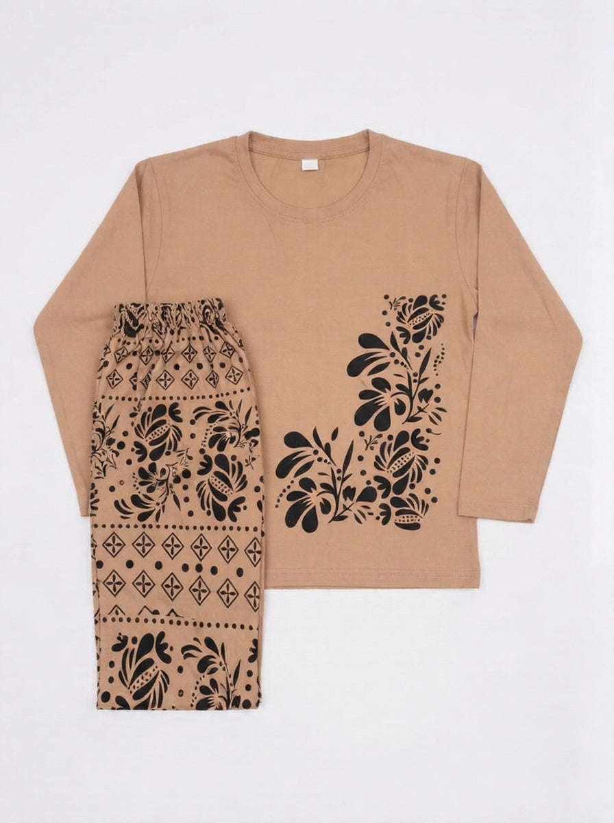 Women’s Printed Jersey 2-Piece Night Suit Set – Long Sleeve Top & Matching Pajama
