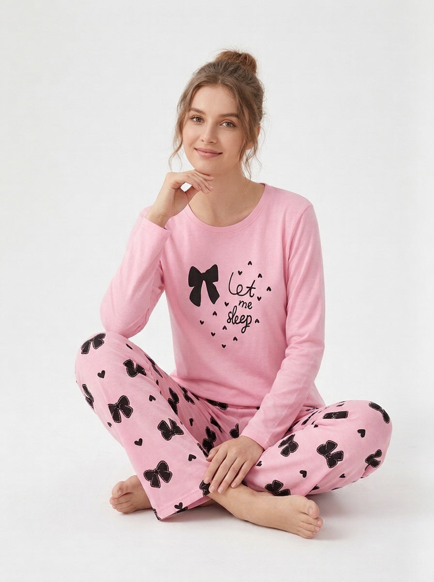 "Let Me Sleep" Pink Bow Print Pajama Set – Full Sleeve Top & Pants