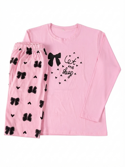 "Let Me Sleep" Pink Bow Print Pajama Set – Full Sleeve Top & Pants