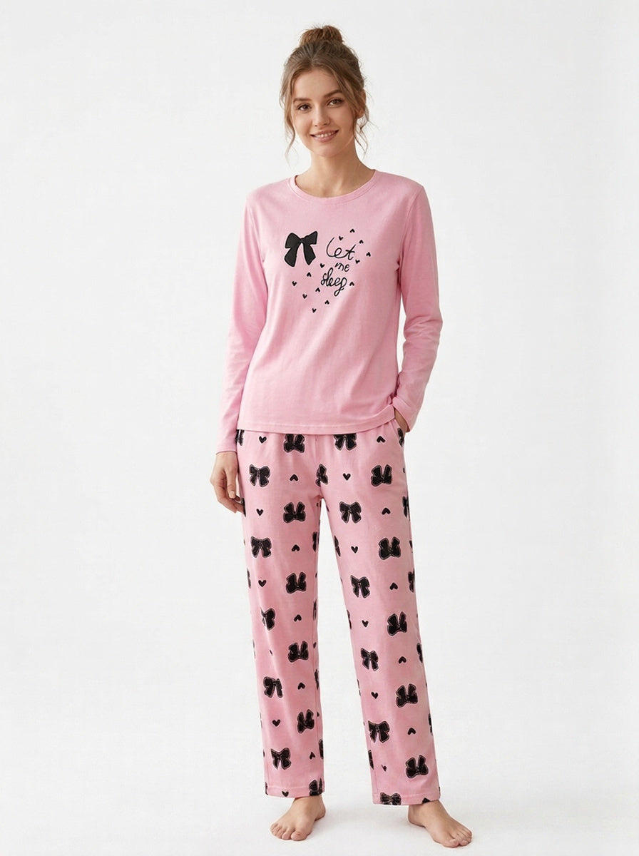 "Let Me Sleep" Pink Bow Print Pajama Set – Full Sleeve Top & Pants