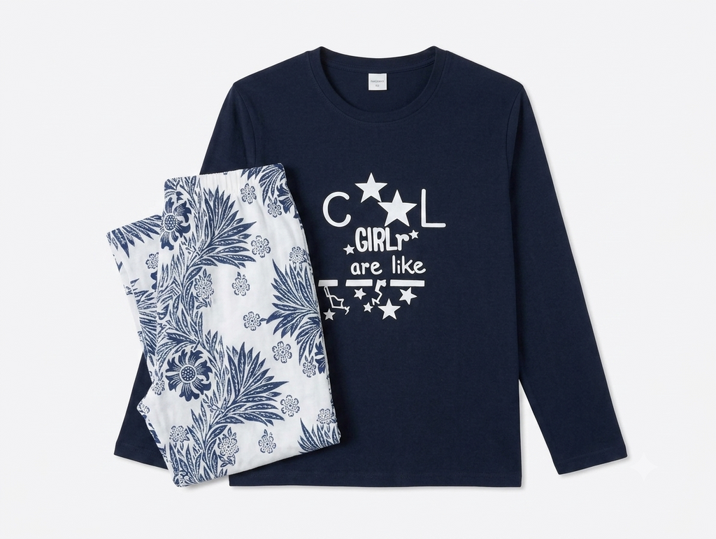 "Cool Girl" Navy Blue Full-Sleeve Night Suit & Nightwear Set