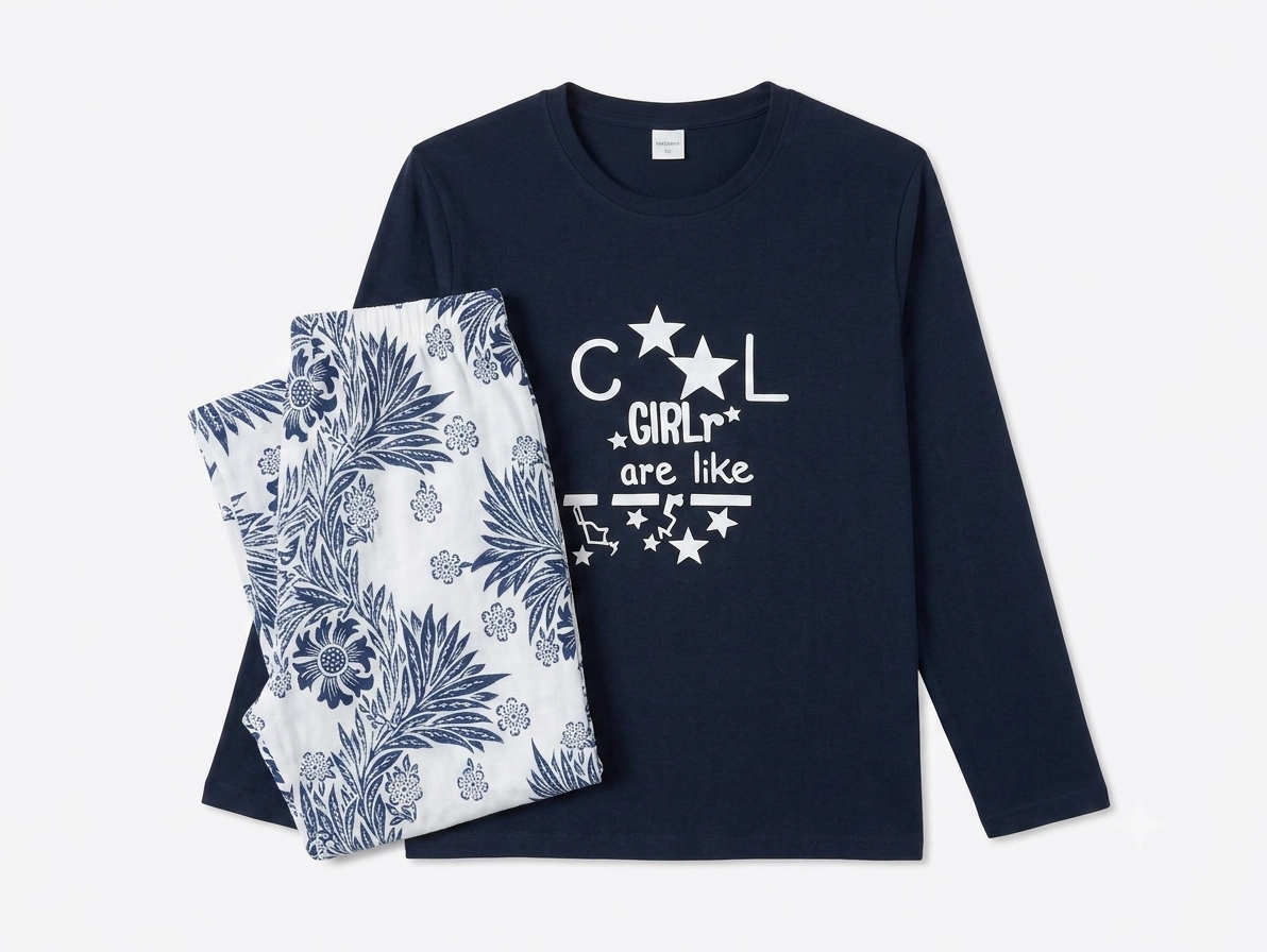 "Cool Girl" Navy Blue Full-Sleeve Night Suit & Nightwear Set