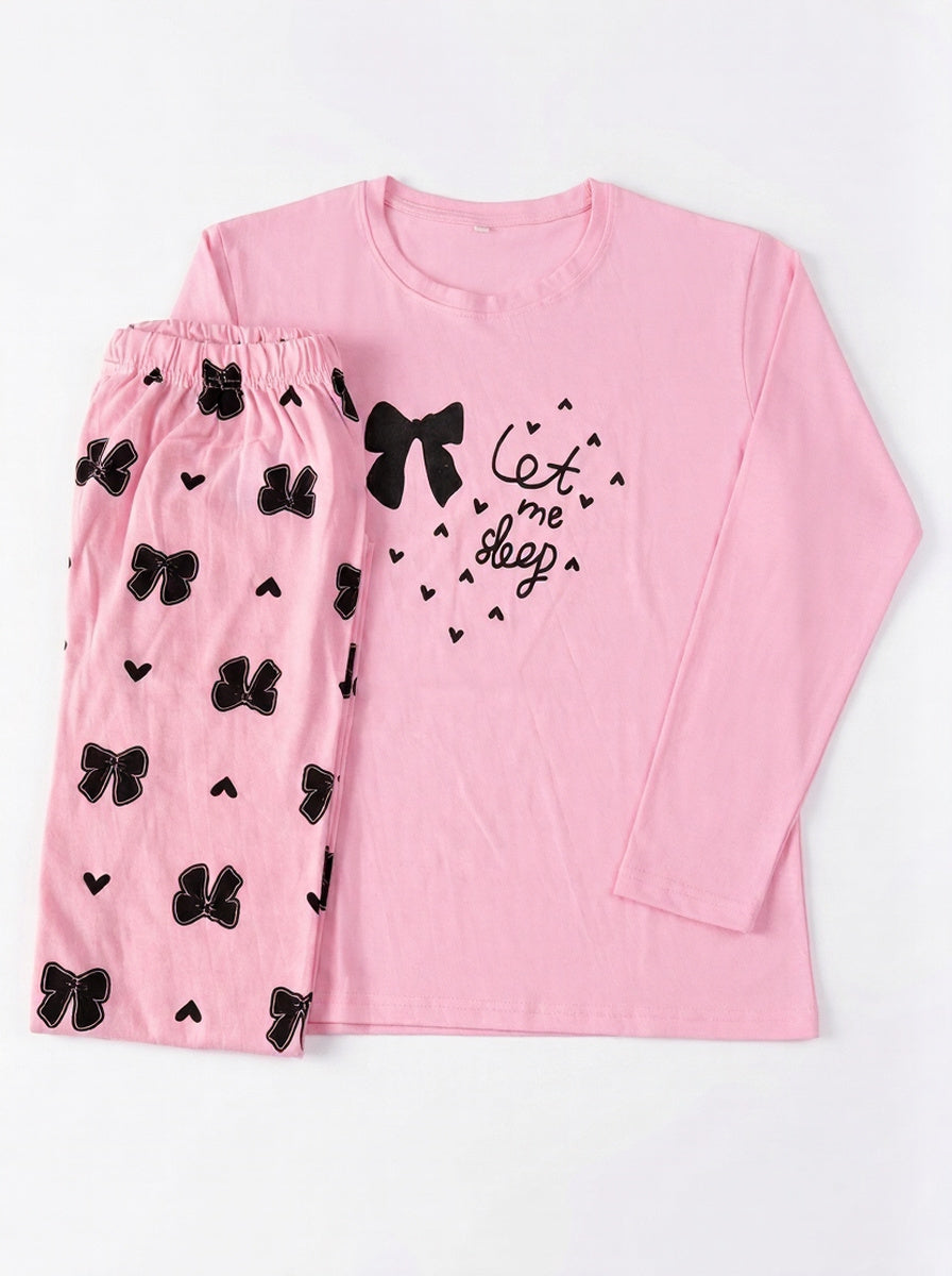 "Let Me Sleep" Pink Bow Print Pajama Set – Full Sleeve Top & Pants