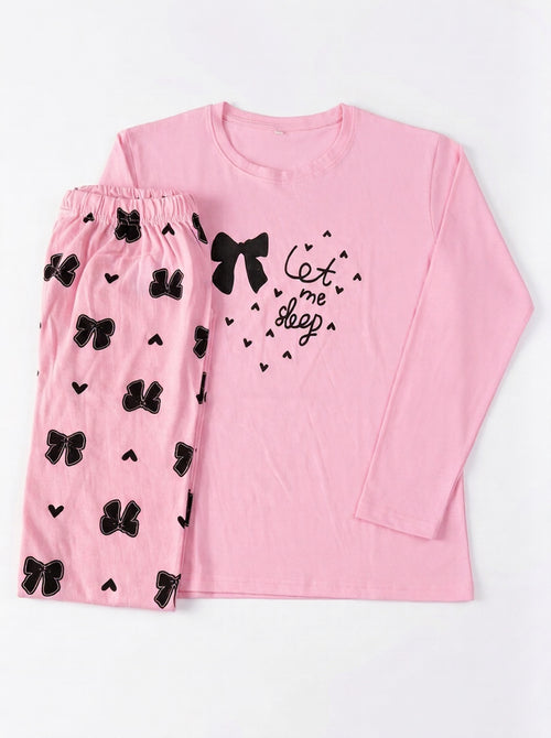 "Let Me Sleep" Pink Bow Print Pajama Set – Full Sleeve Top & Pants