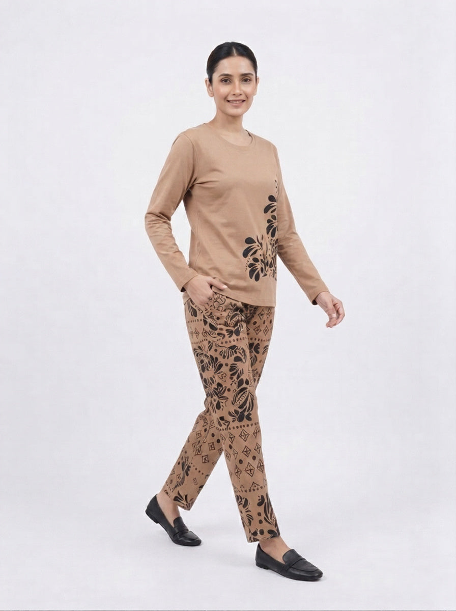 Women’s Printed Jersey 2-Piece Night Suit Set – Long Sleeve Top & Matching Pajama