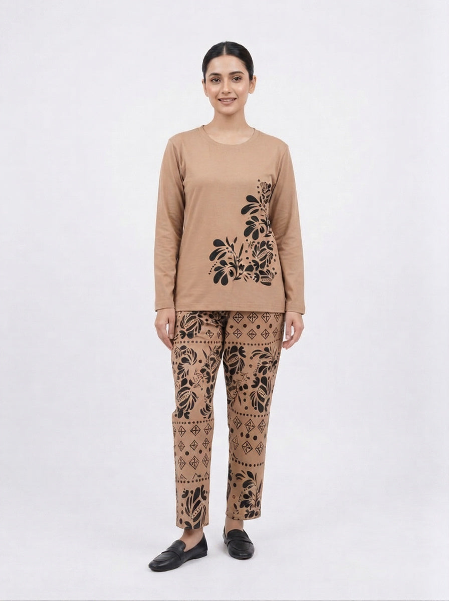 Women’s Printed Jersey 2-Piece Night Suit Set – Long Sleeve Top & Matching Pajama
