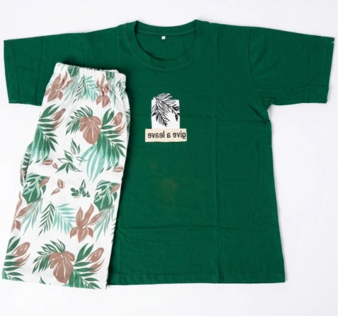 Women’s Premium Jersey T-Shirt & Tropical Floral Printed Lounge Pants Co-Ord Set – Green & White