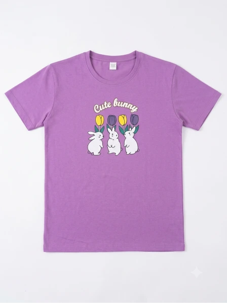 Women’s Lavender Jersey T-Shirt & Floral Printed Lounge Pants Co-Ord Set – Cute Bunny Print