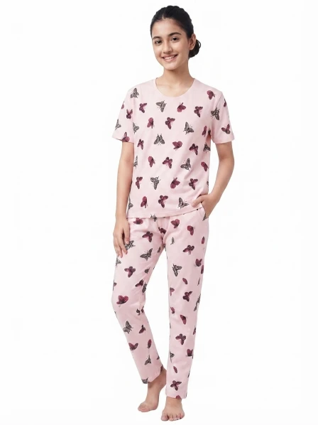 Women’s Pink Butterfly Print Jersey T-Shirt & Cycling Shorts Co-Ord Set