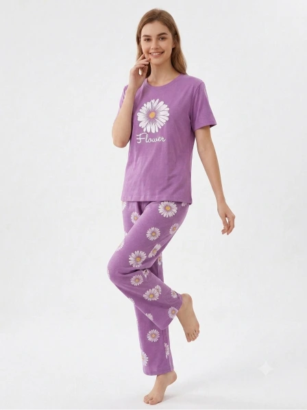 Women’s Purple Floral Print Jersey T-Shirt & Lounge Pants Co-Ord Set