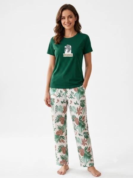 Women’s Premium Jersey T-Shirt & Tropical Floral Printed Lounge Pants Co-Ord Set – Green & White