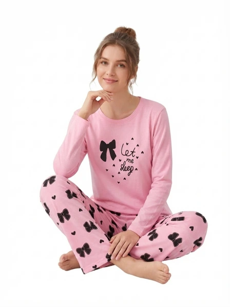 "Let Me Sleep" Pink Bow Print Pajama Set – Full Sleeve Top & Pants