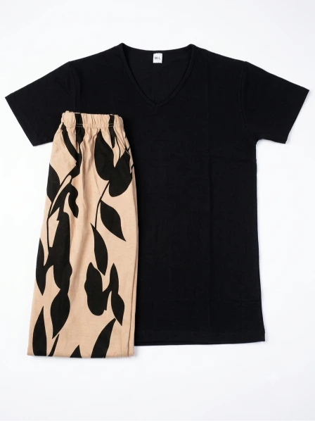 Women’s Black Jersey T-Shirt with Beige Printed Lounge Pants Set