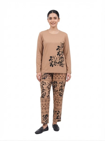 Women’s Printed Jersey 2-Piece Night Suit Set – Long Sleeve Top & Matching Pajama