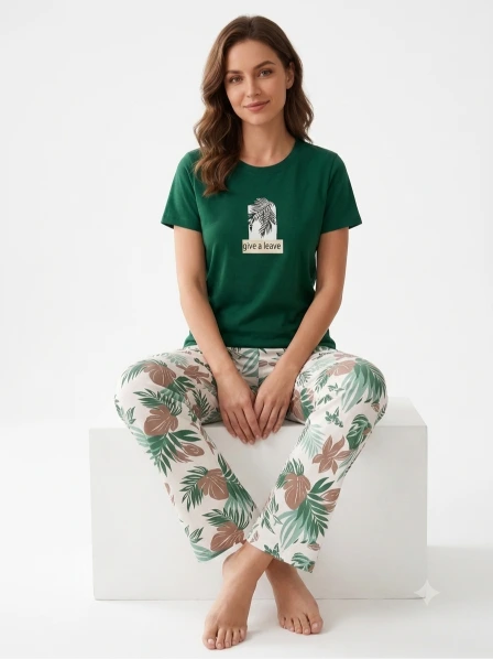 Women’s Premium Jersey T-Shirt & Tropical Floral Printed Lounge Pants Co-Ord Set – Green & White