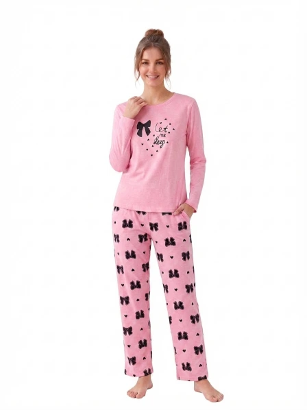 "Let Me Sleep" Pink Bow Print Pajama Set – Full Sleeve Top & Pants