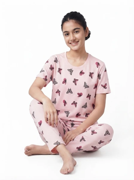 Women’s Pink Butterfly Print Jersey T-Shirt & Cycling Shorts Co-Ord Set