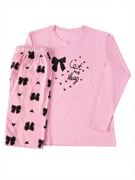 "Let Me Sleep" Pink Bow Print Pajama Set – Full Sleeve Top & Pants