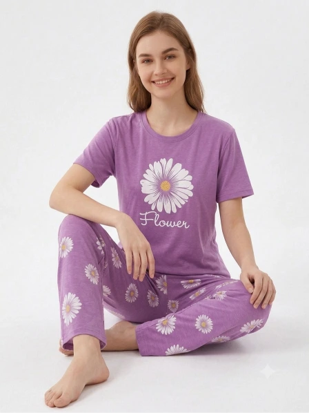 Women’s Purple Floral Print Jersey T-Shirt & Lounge Pants Co-Ord Set