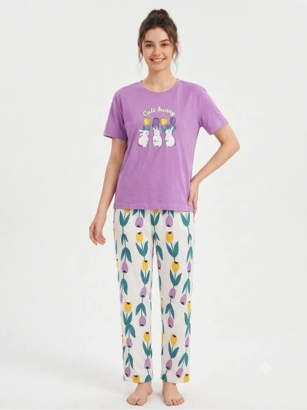 Women’s Lavender Jersey T-Shirt & Floral Printed Lounge Pants Co-Ord Set – Cute Bunny Print