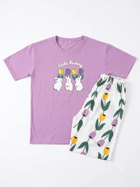 Women’s Lavender Jersey T-Shirt & Floral Printed Lounge Pants Co-Ord Set – Cute Bunny Print