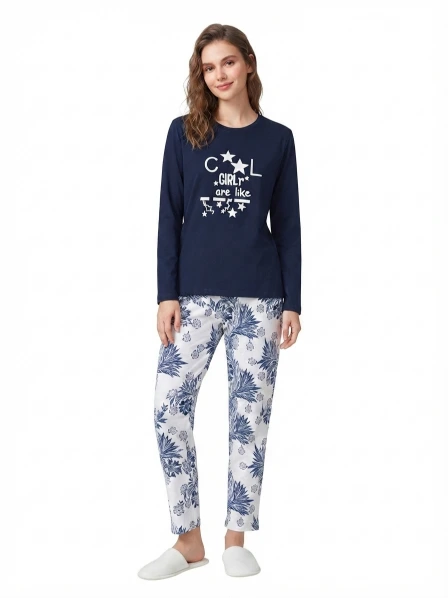 "Cool Girl" Navy Blue Full-Sleeve Night Suit & Nightwear Set