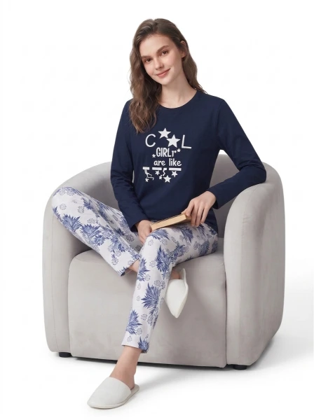 "Cool Girl" Navy Blue Full-Sleeve Night Suit & Nightwear Set