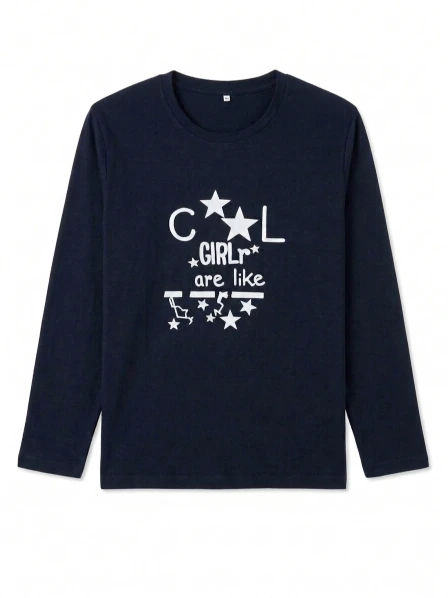 "Cool Girl" Navy Blue Full-Sleeve Night Suit & Nightwear Set