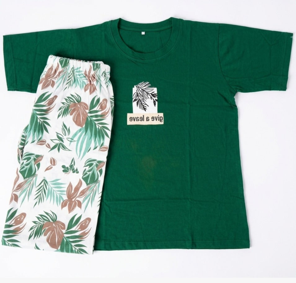 Women’s Premium Jersey T-Shirt & Tropical Floral Printed Lounge Pants Co-Ord Set – Green & White