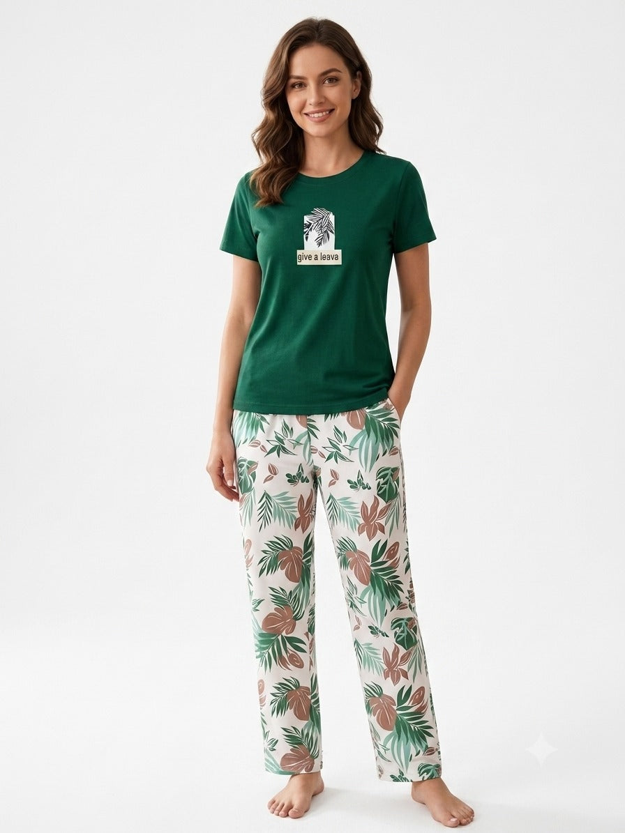 Women’s Premium Jersey T-Shirt & Tropical Floral Printed Lounge Pants Co-Ord Set – Green & White