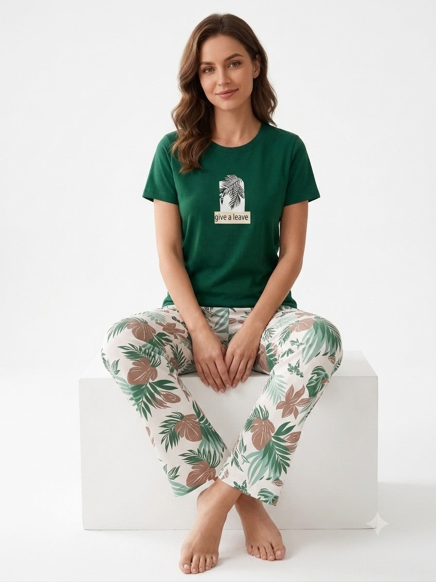 Women’s Premium Jersey T-Shirt & Tropical Floral Printed Lounge Pants Co-Ord Set – Green & White