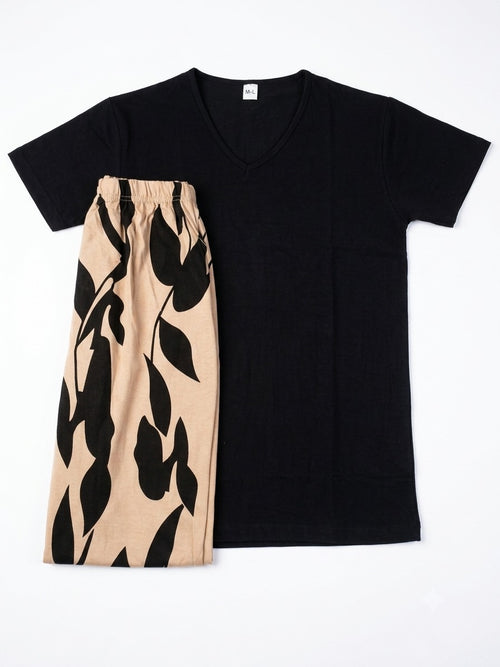 Women’s Black Jersey T-Shirt with Beige Printed Lounge Pants Set