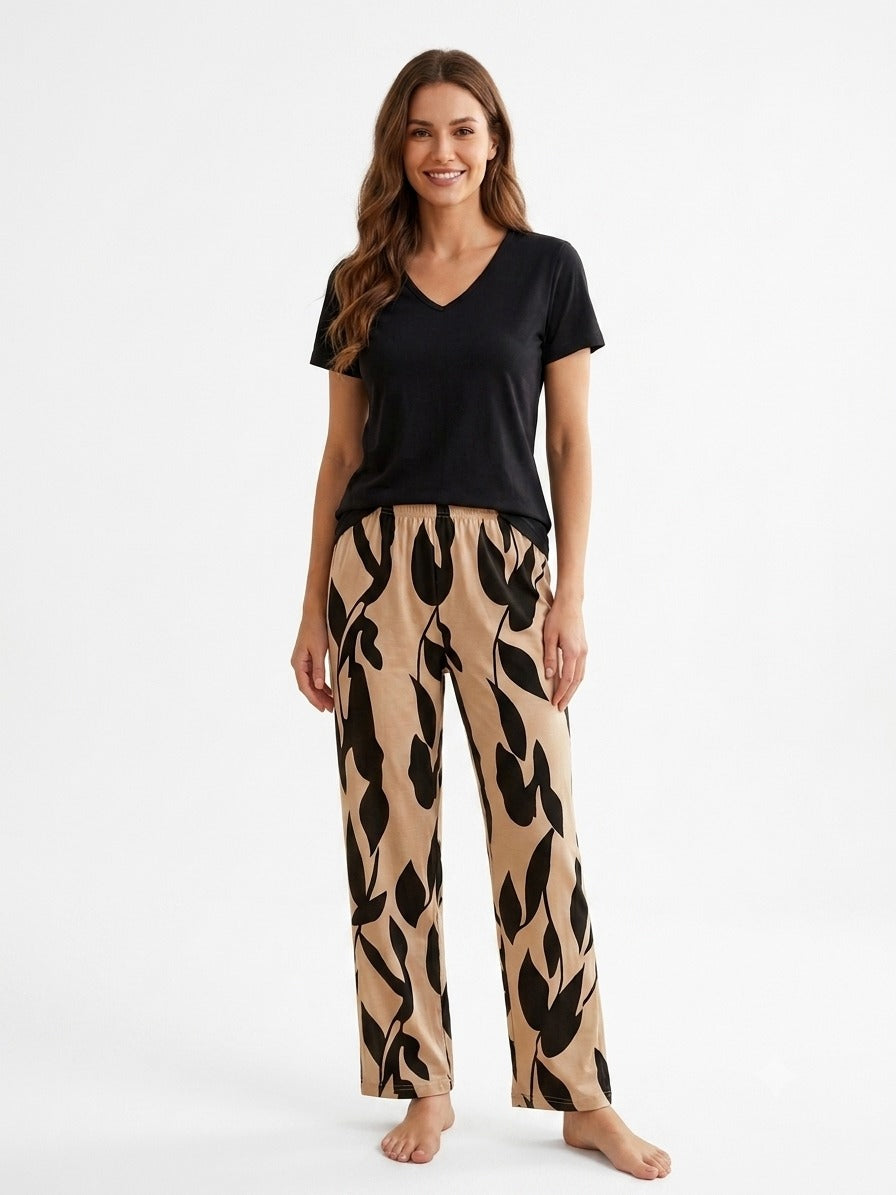 Women’s Black Jersey T-Shirt with Beige Printed Lounge Pants Set