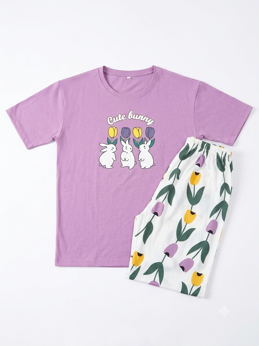 Women’s Lavender Jersey T-Shirt & Floral Printed Lounge Pants Co-Ord Set – Cute Bunny Print