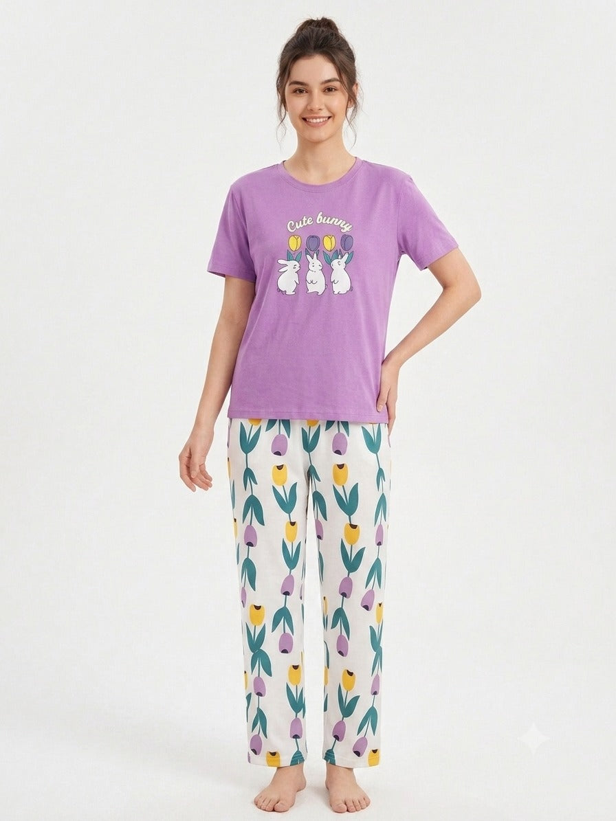 Women’s Lavender Jersey T-Shirt & Floral Printed Lounge Pants Co-Ord Set – Cute Bunny Print