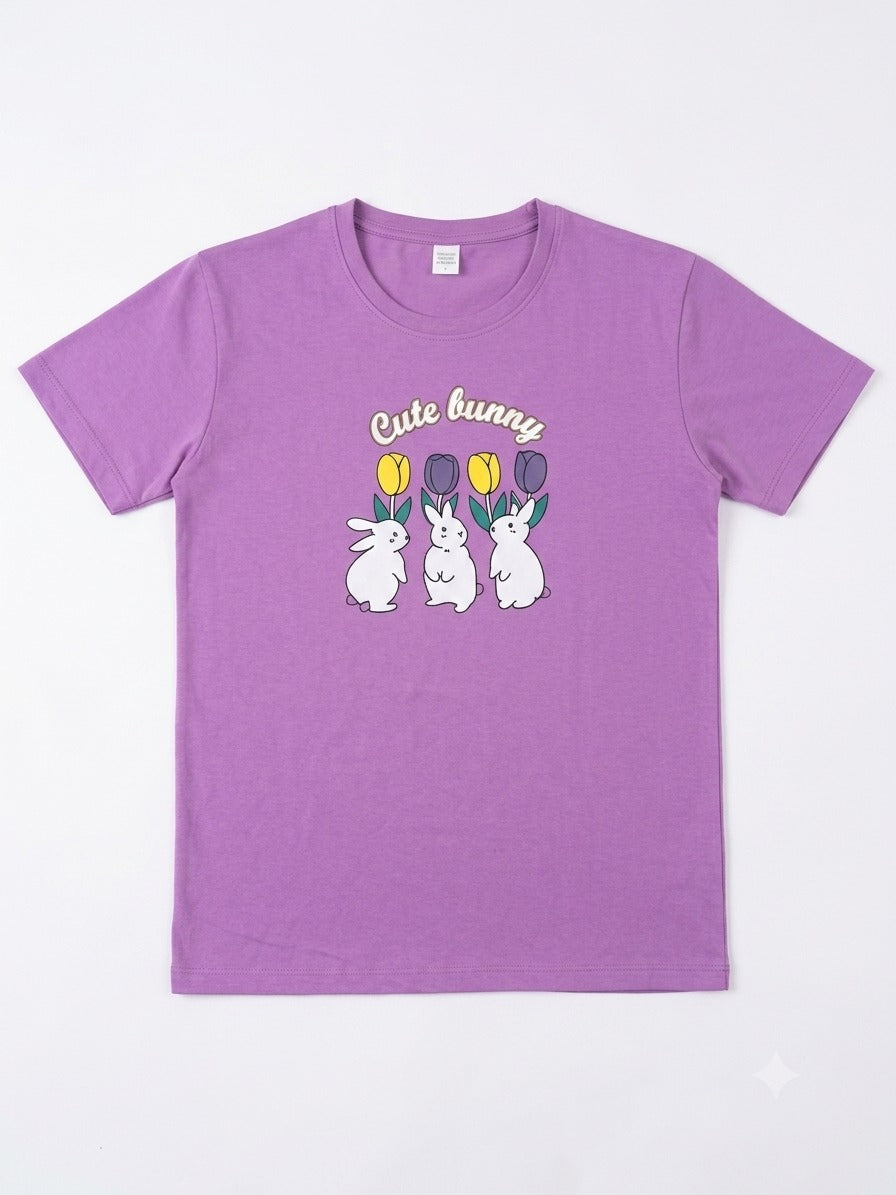 Women’s Lavender Jersey T-Shirt & Floral Printed Lounge Pants Co-Ord Set – Cute Bunny Print
