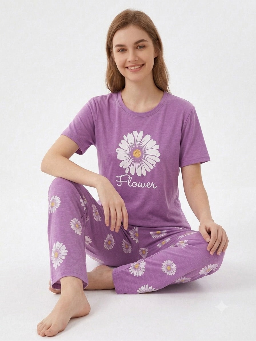 Women’s Purple Floral Print Jersey T-Shirt & Lounge Pants Co-Ord Set