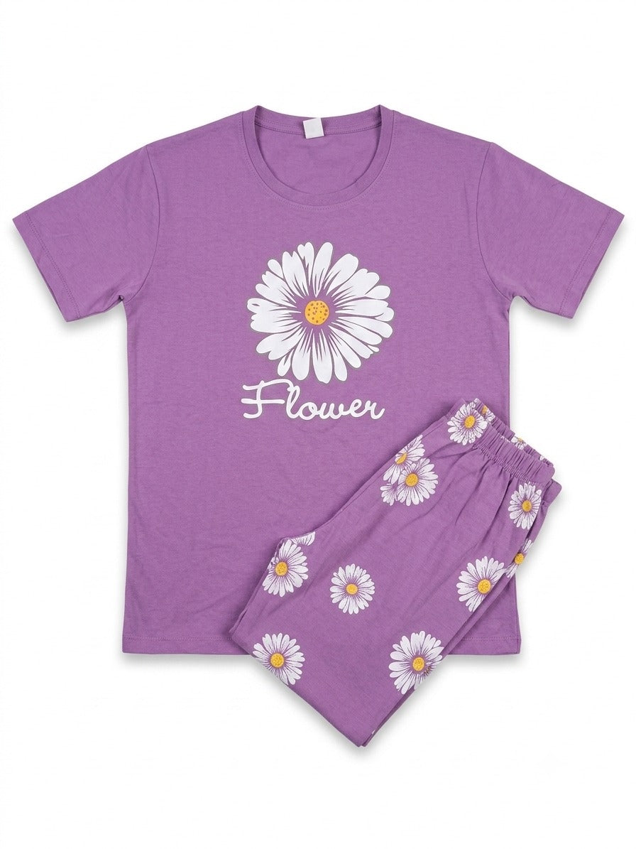 Women’s Purple Floral Print Jersey T-Shirt & Lounge Pants Co-Ord Set