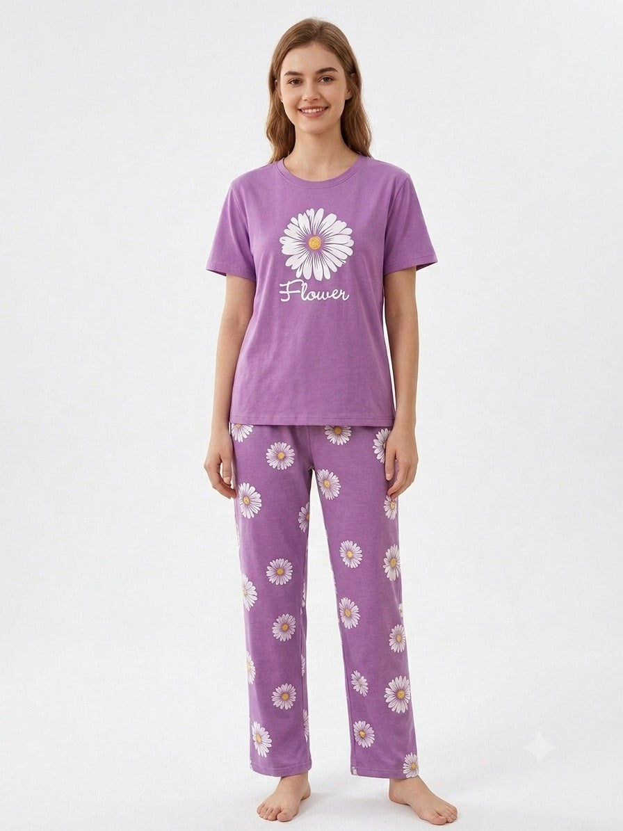 Women’s Purple Floral Print Jersey T-Shirt & Lounge Pants Co-Ord Set