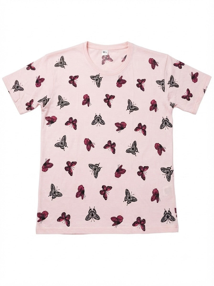 Women’s Pink Butterfly Print Jersey T-Shirt & Cycling Shorts Co-Ord Set