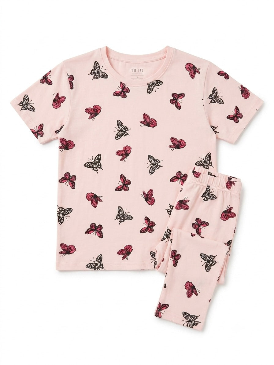 Women’s Pink Butterfly Print Jersey T-Shirt & Cycling Shorts Co-Ord Set
