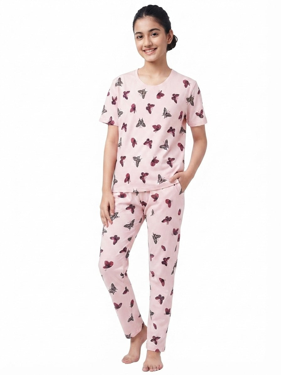 Women’s Pink Butterfly Print Jersey T-Shirt & Cycling Shorts Co-Ord Set