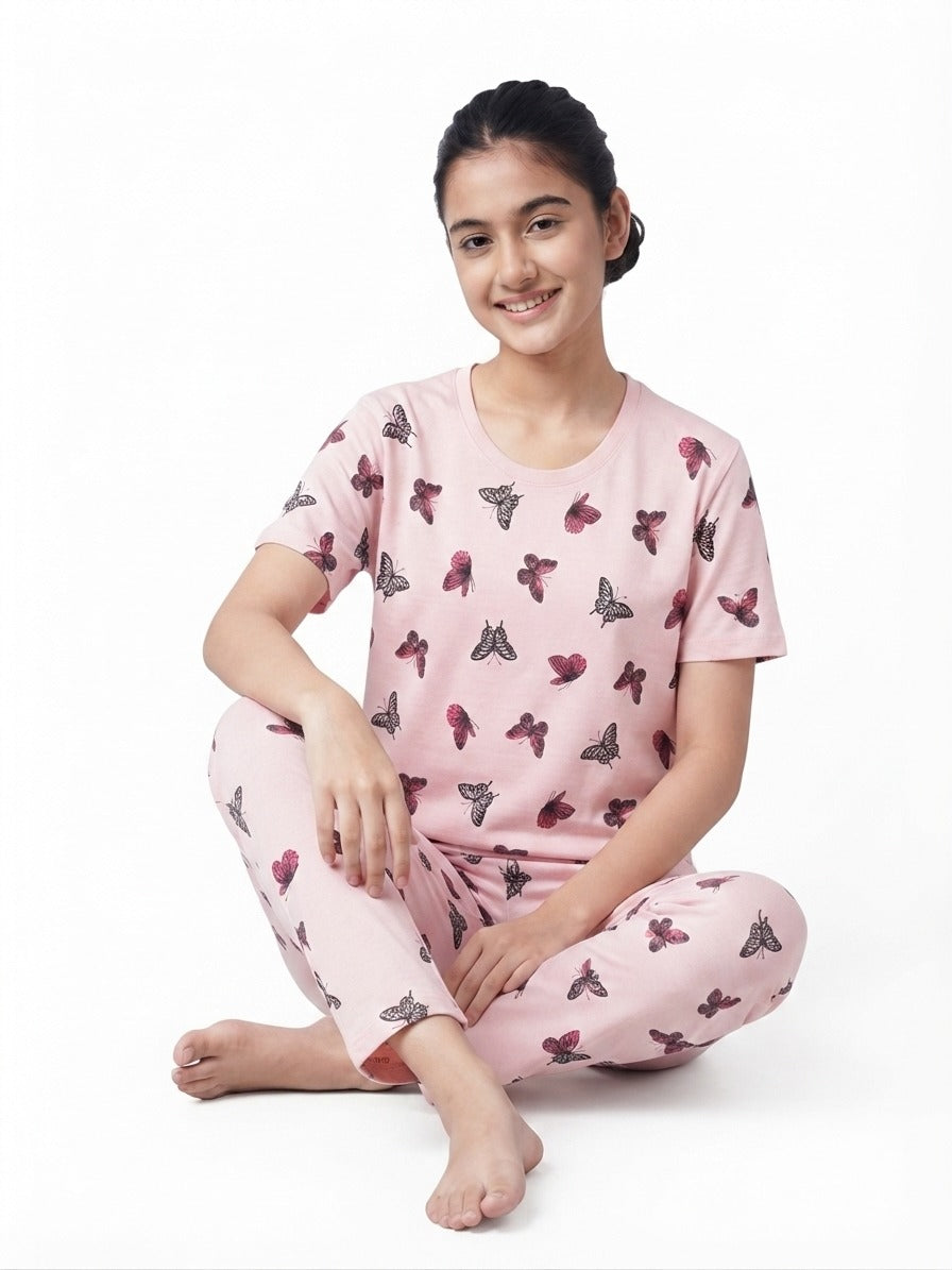Women’s Pink Butterfly Print Jersey T-Shirt & Cycling Shorts Co-Ord Set