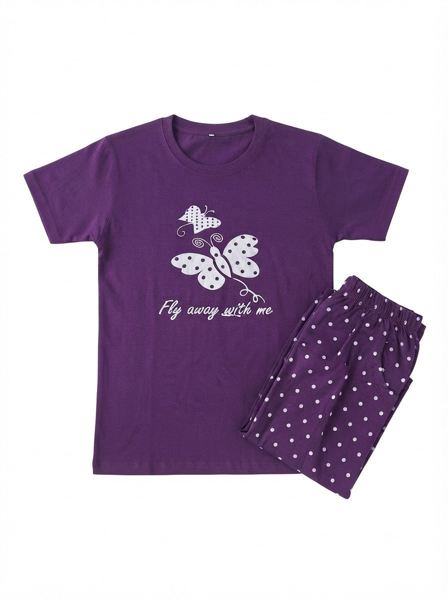 Women's Purple Cotton Night Suit – Butterfly Print T-Shirt & Polka Dot Pyjama Set | Soft & Comfortable Sleepwear