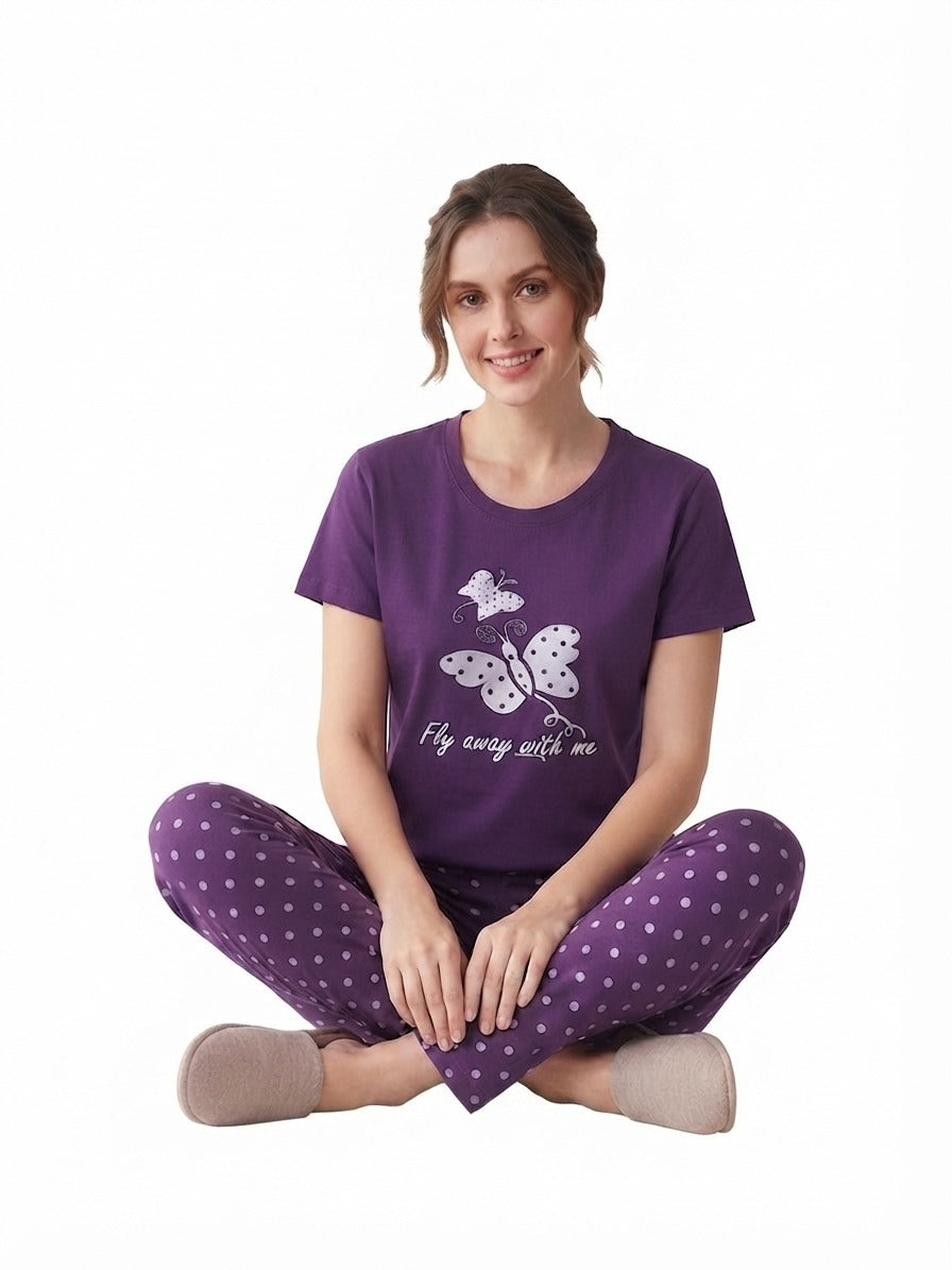 Women's Purple Cotton Night Suit – Butterfly Print T-Shirt & Polka Dot Pyjama Set | Soft & Comfortable Sleepwear