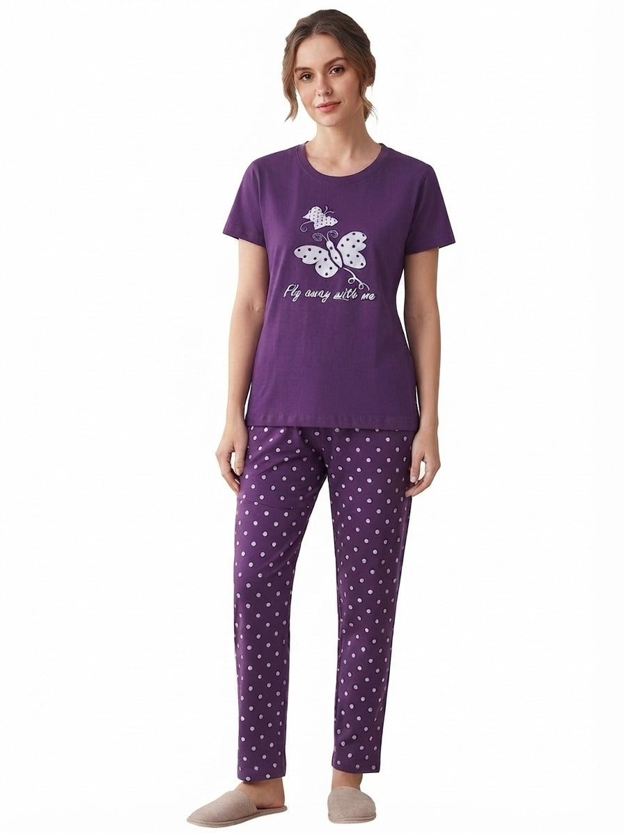 Women's Purple Cotton Night Suit – Butterfly Print T-Shirt & Polka Dot Pyjama Set | Soft & Comfortable Sleepwear